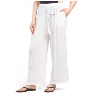 NWT Blue Island Beach Coverup Pants White Palm Tree Pockets S